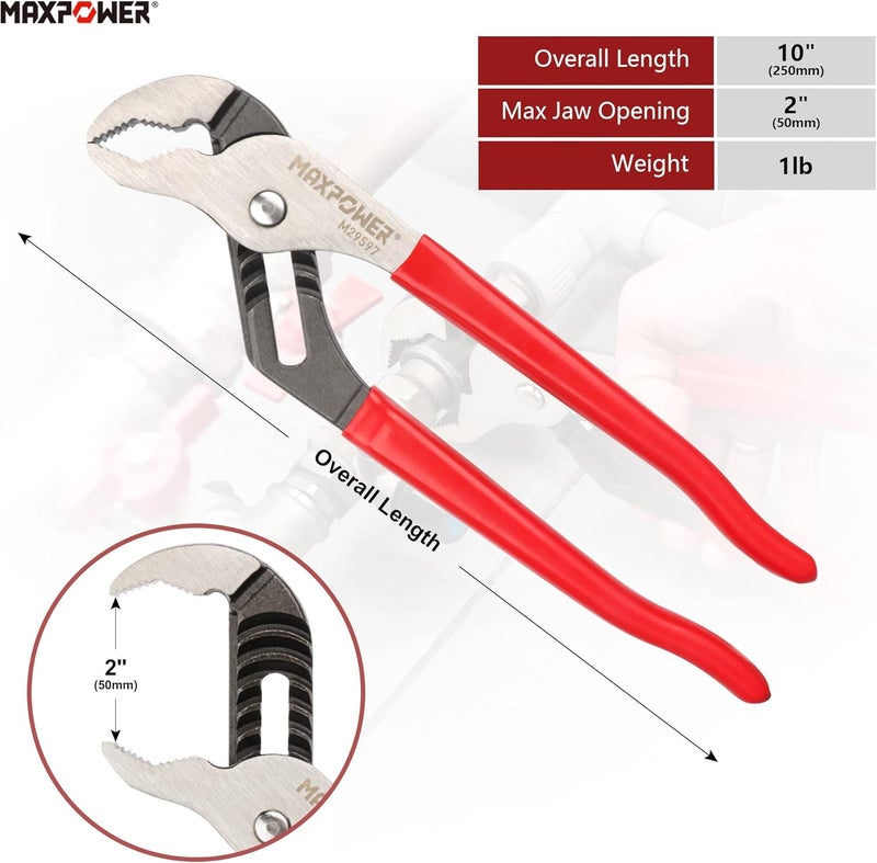 Max Power 10 inch Groove Joint Pliers, Quick Adjustable Serrtated V Jaw Tongue and Groove Pliers - Image 2